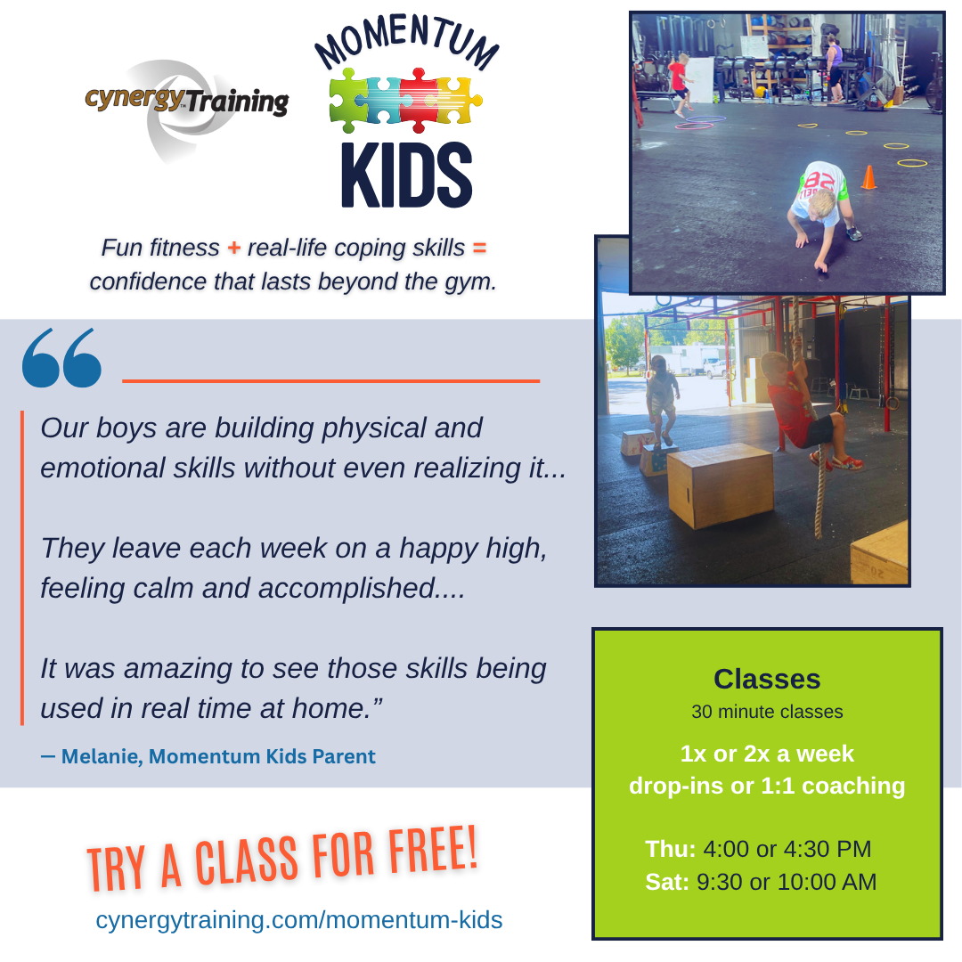 Momentum Kids fitness program at Cynergy Training with testimonial from parent