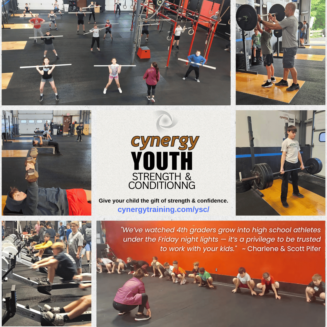 Young athletes training with Coaches Charlene and Scott Pifer during Cynergy Youth Strength & Conditioning class