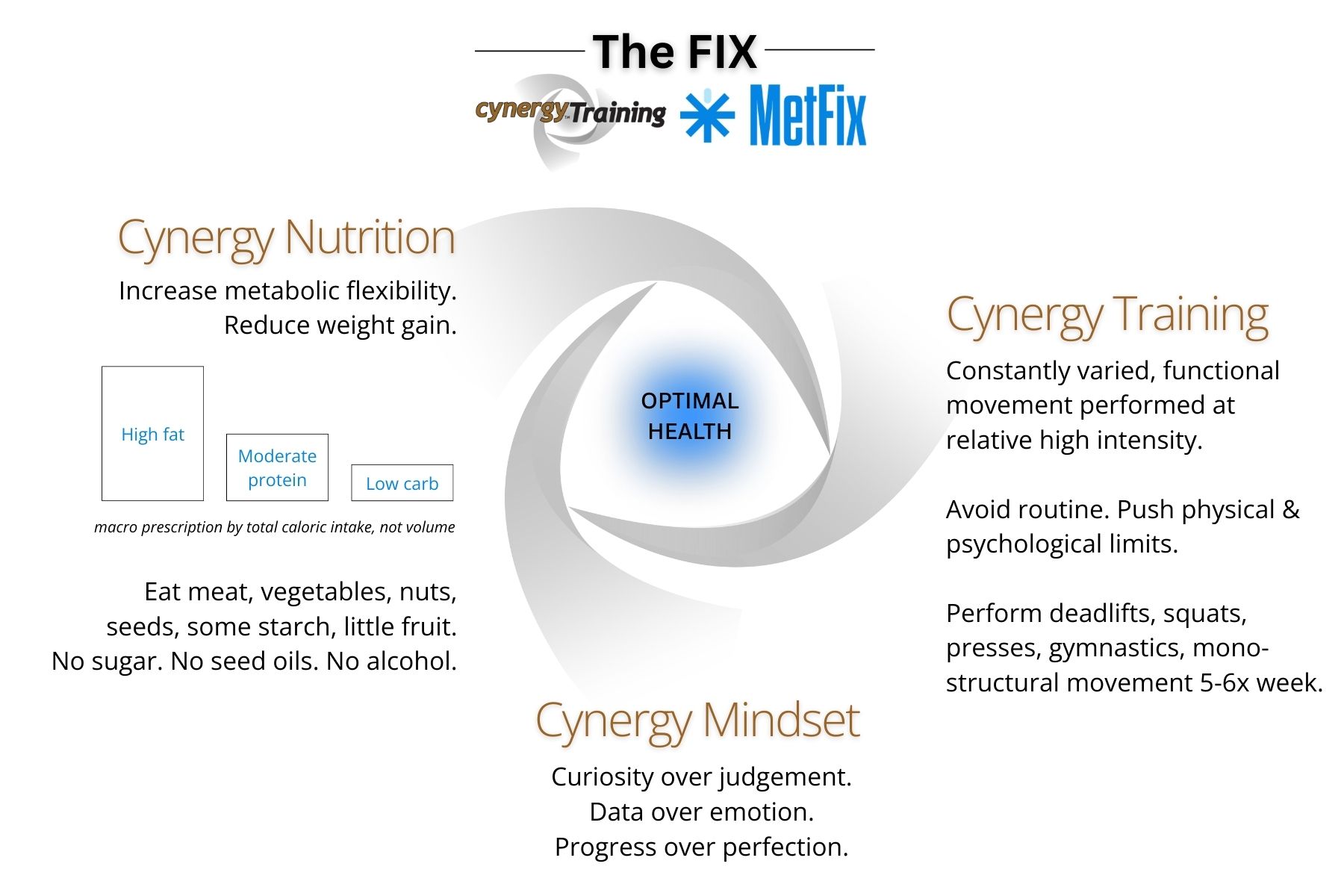The Cynergy Training & MetFIX optimal health graphic with 3 spokes representing Cynergy Nutrition, Cynergy Training and Cynergy Mindset
